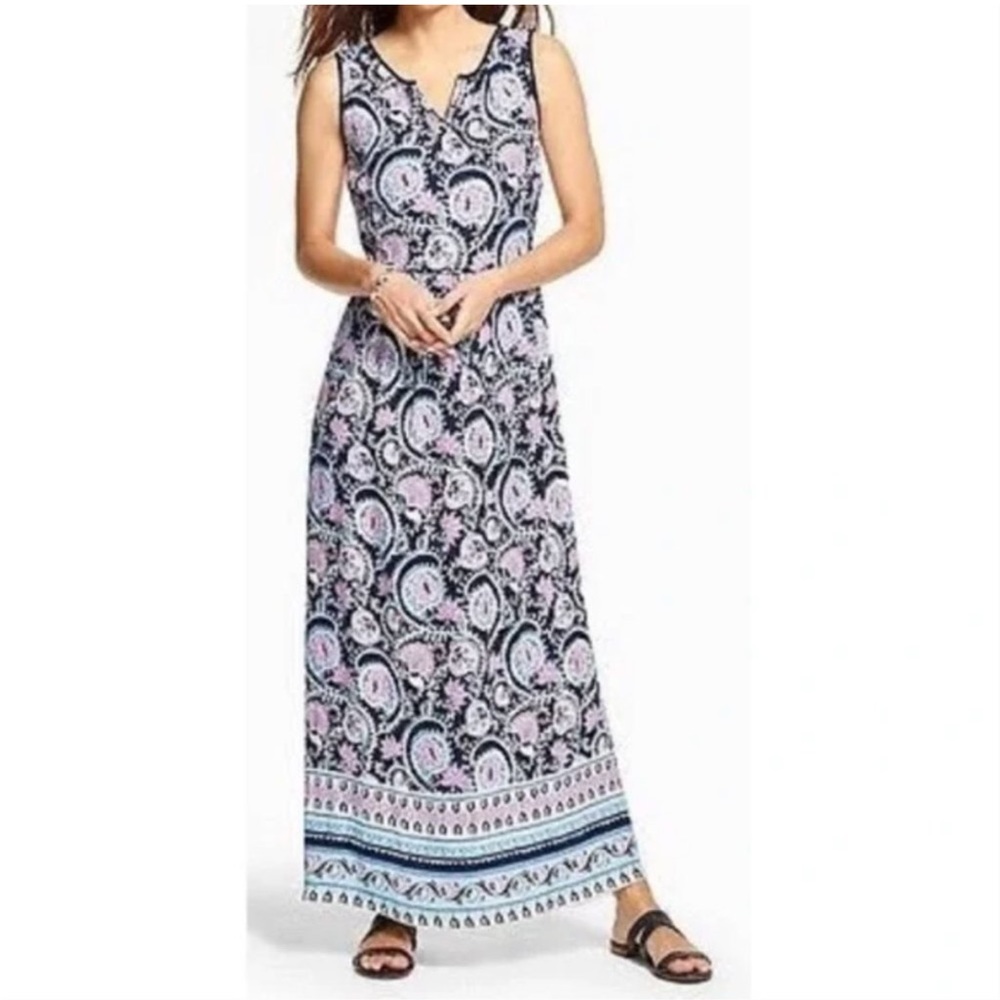 Talbots Blue Pink Periwinkle Paisley Border Hem Maxi Dress Split Neck, S…